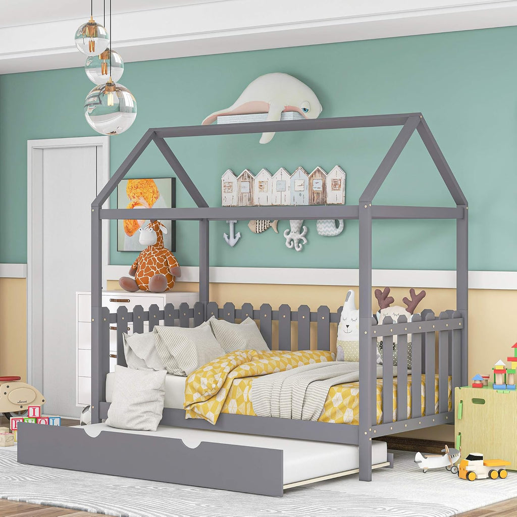 White Twin House Shape Wooden Floor Bed with Trundle O243352