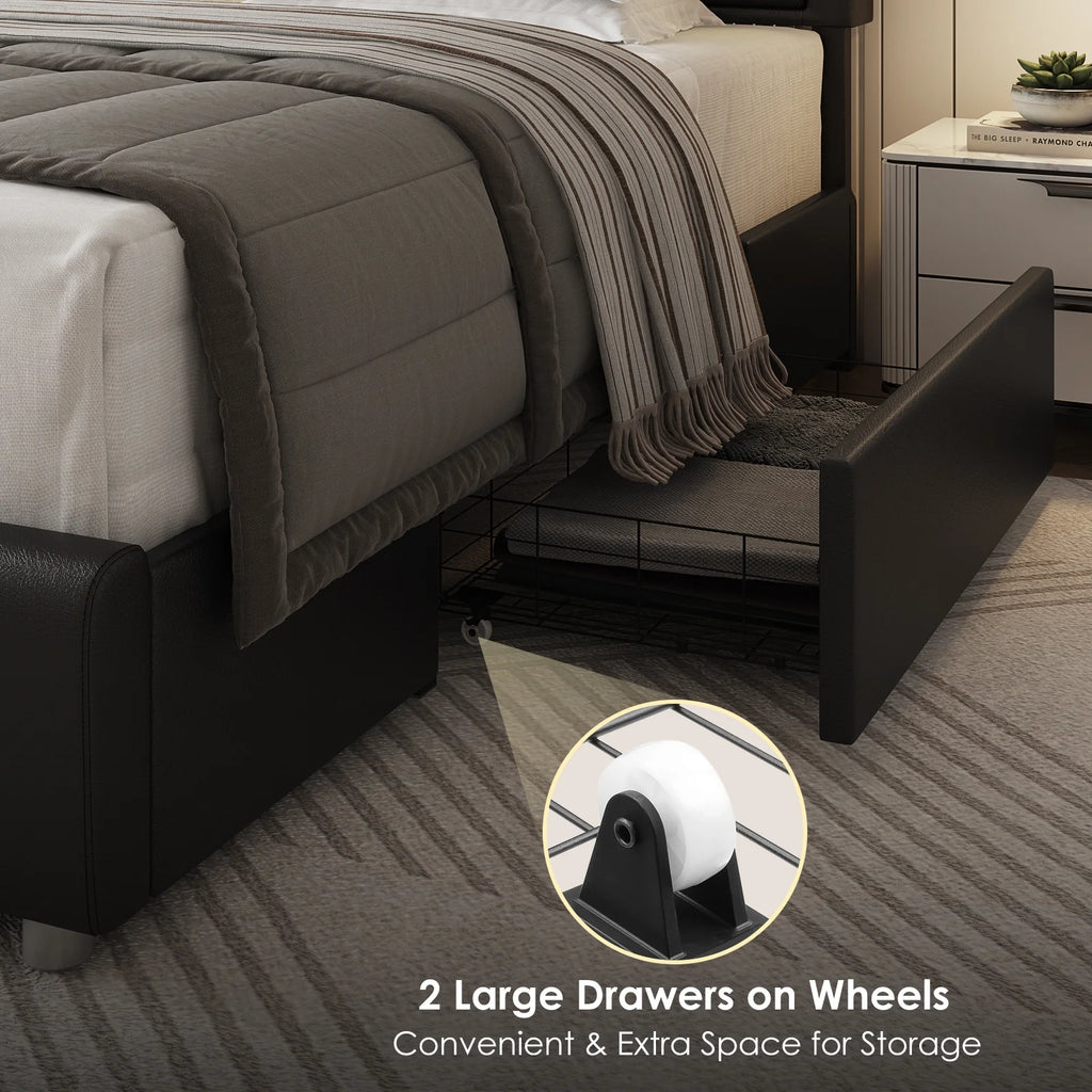 White Queen Size LED Bed Frame with 2 Storage Drawers F24069