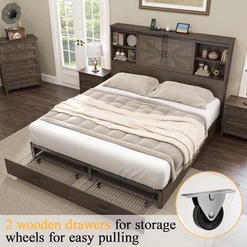 King Size Wood Platform Bed Frame with Bookcase Headboard and 2 Drawers F362