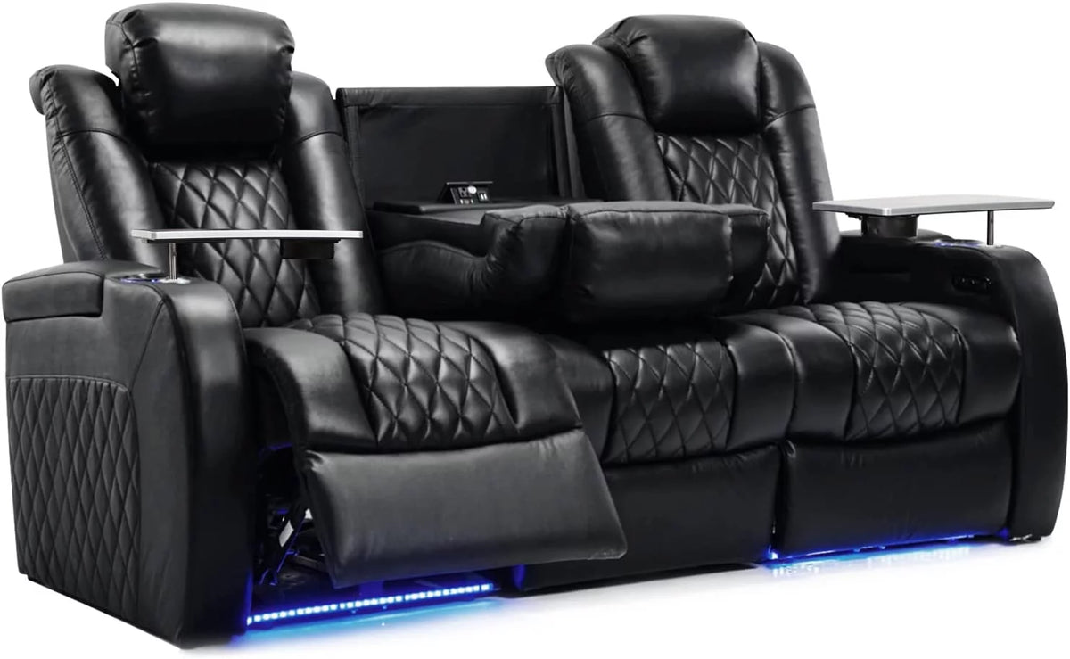 Top Grain Leather Recliner Chair Row of 3 Black S639