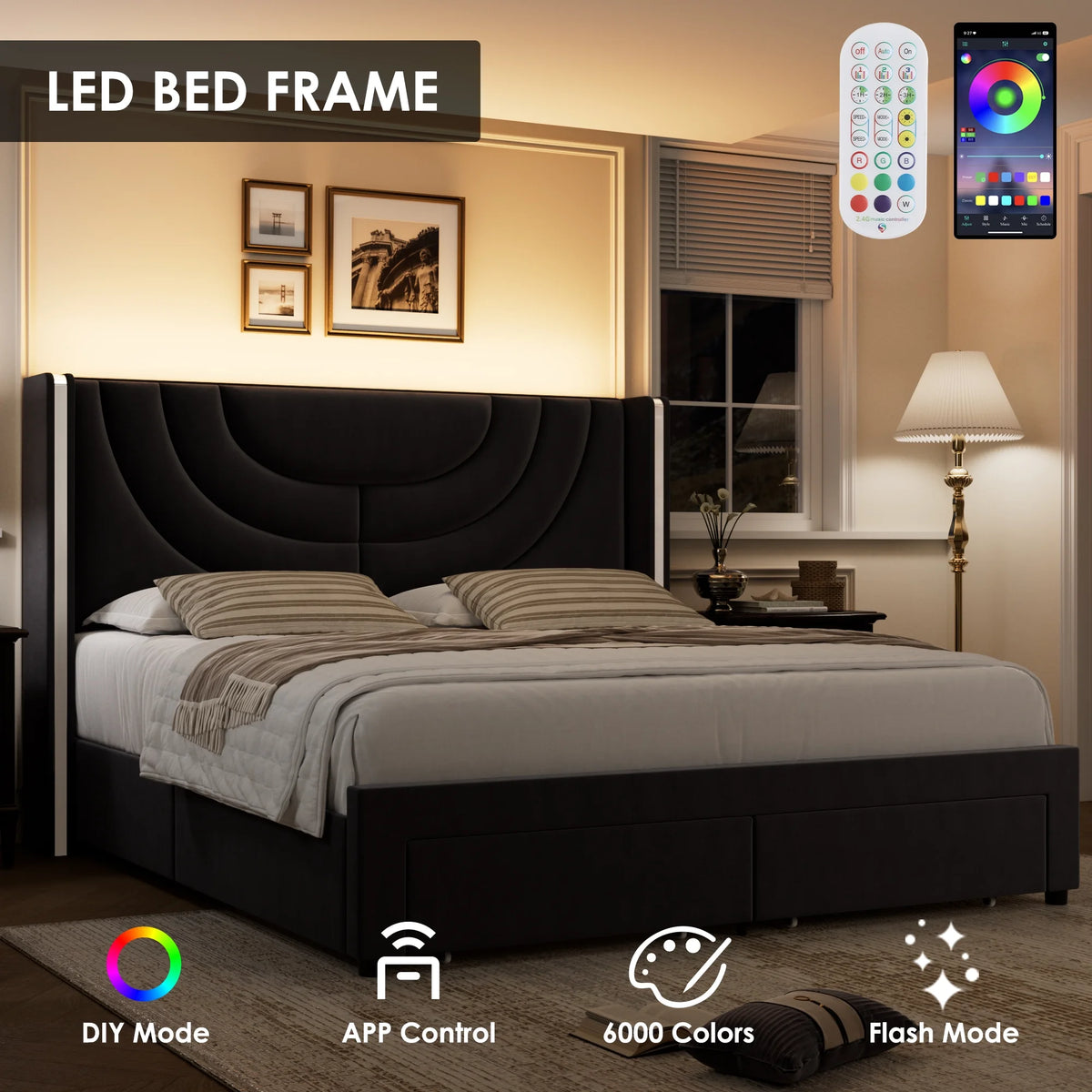 Full Size Velvet Upholstered Platform Bed Frame with 2 Drawers E30159