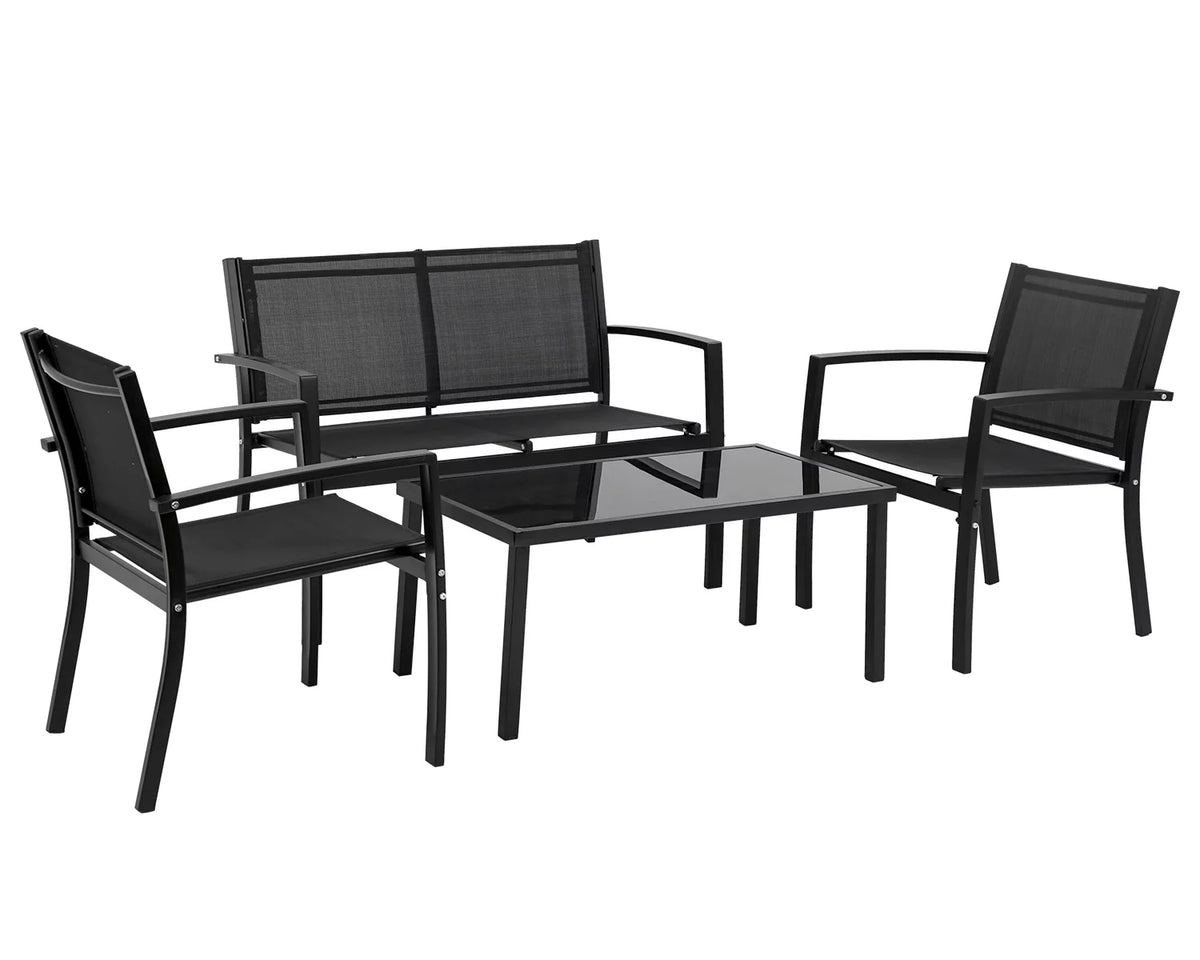 4 Piece Patio Conversation Set with Tempered Glass Tabletop Black O3164