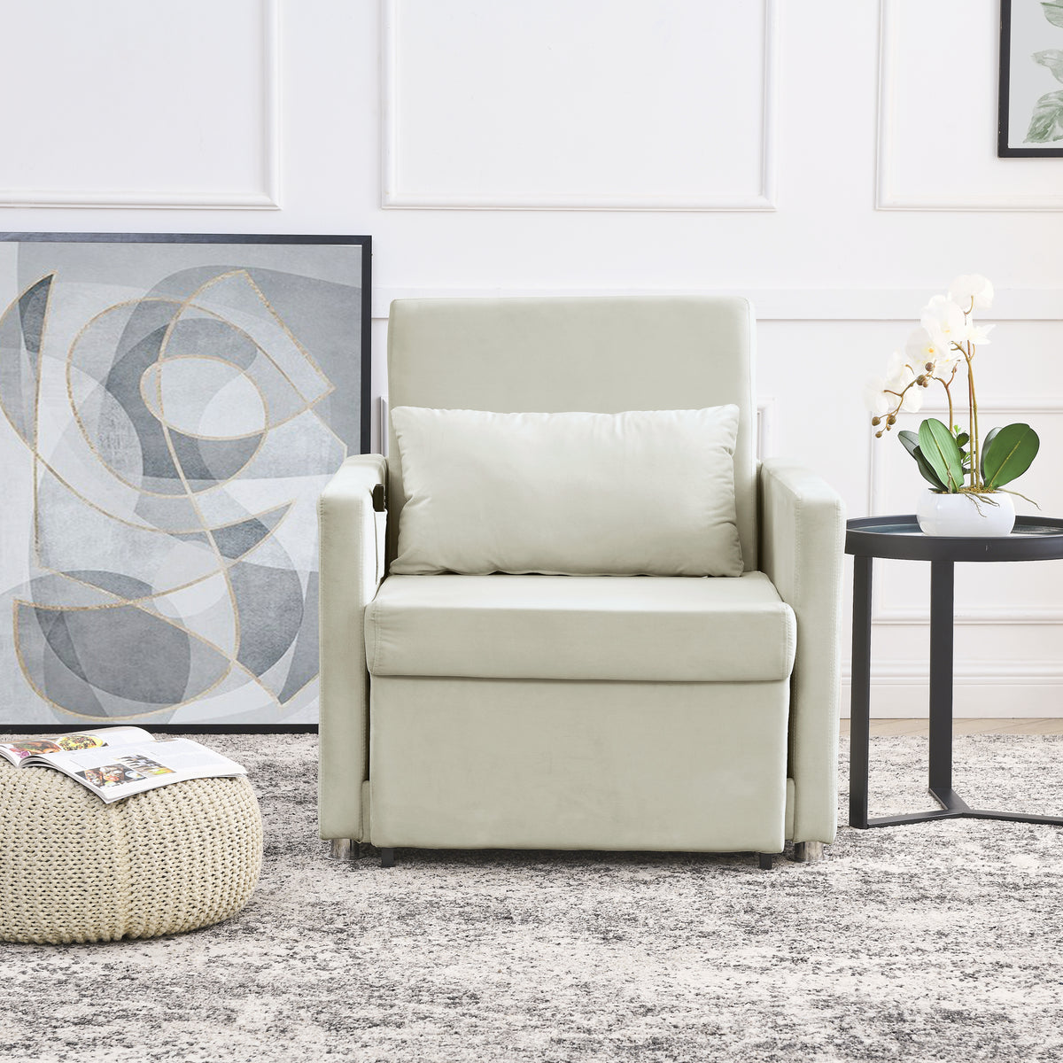 Beige Velvet Convertible Chair Bed B491