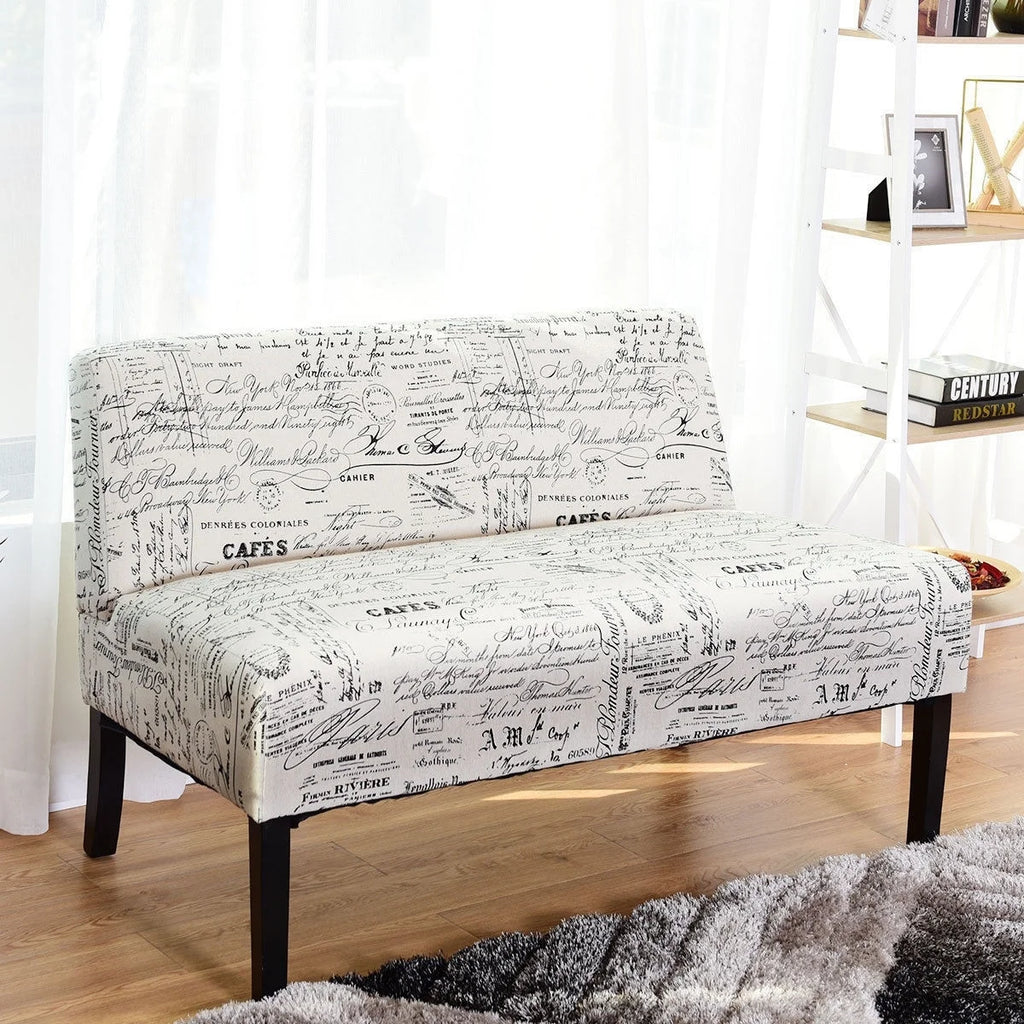 Off-White Cursive Pattern Loveseat Sofa with Black Wood Legs H43377