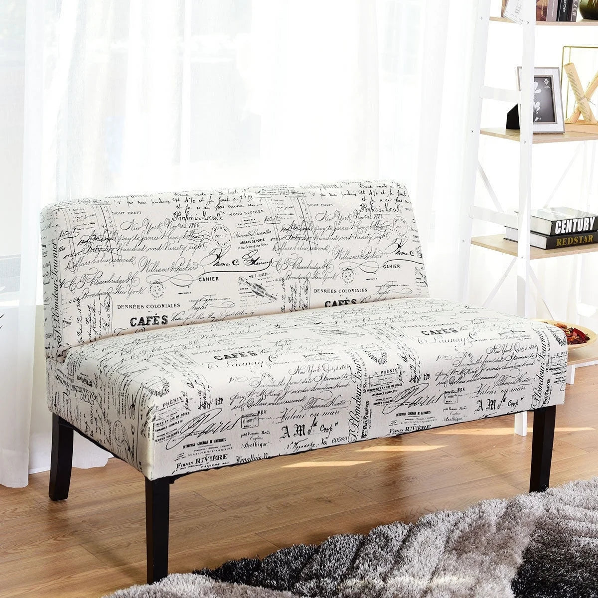 Off-White Cursive Pattern Loveseat Sofa with Black Wood Legs H43377