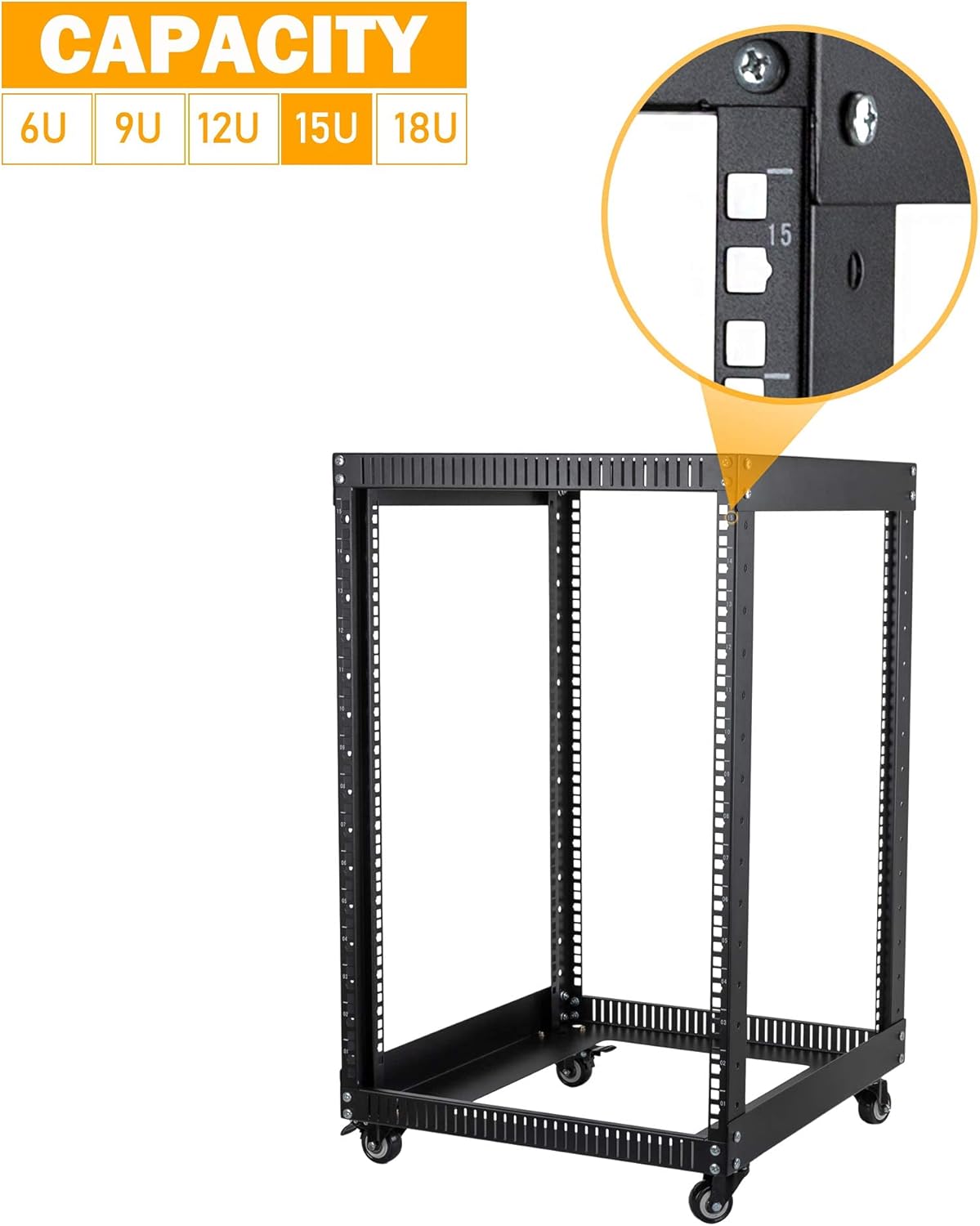 18U 4 Post Open Frame Server Rack with Brake Casters Black T4163