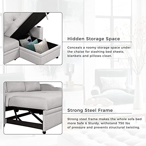 80.3" Linen Fabric 3 Seater Sofa Bed with Storage Chaise B9877