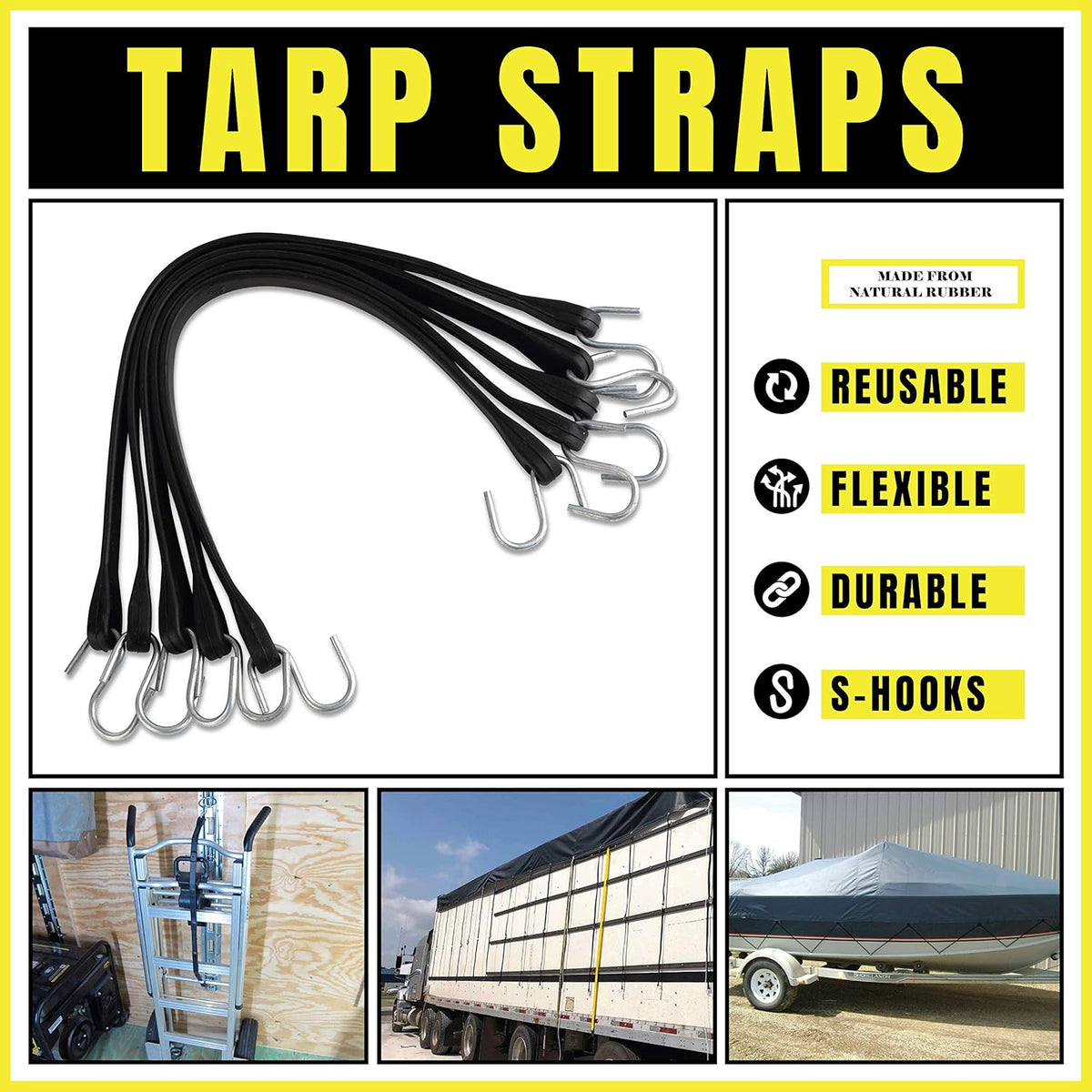 Natural Rubber Bungee Cords with Hooks 15" Pack of 50 H88821