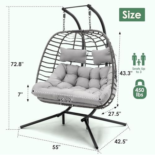 Double Egg Swing Chair with Stand, Hand Made Rattan Wicker, Metal Frame D7907