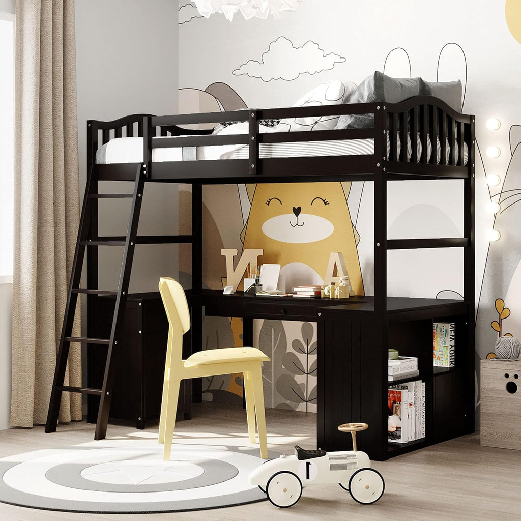 Twin Size Solid Wood Loft Bed with Desk and Storage Shelves J84524