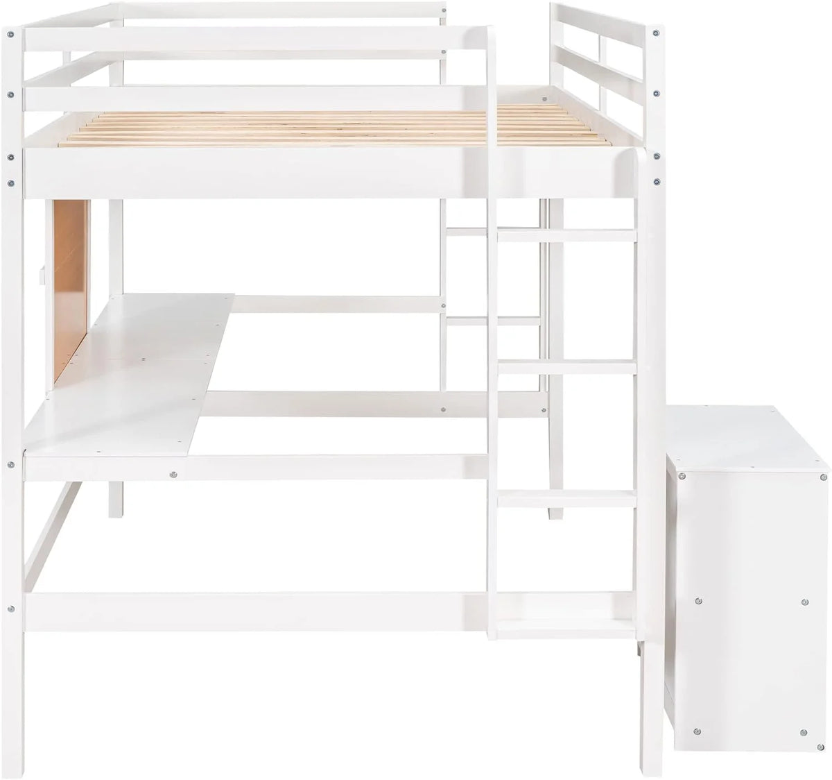 White Full Size Wood Loft Bed Frame with Desk and Storage Shelves Q57059
