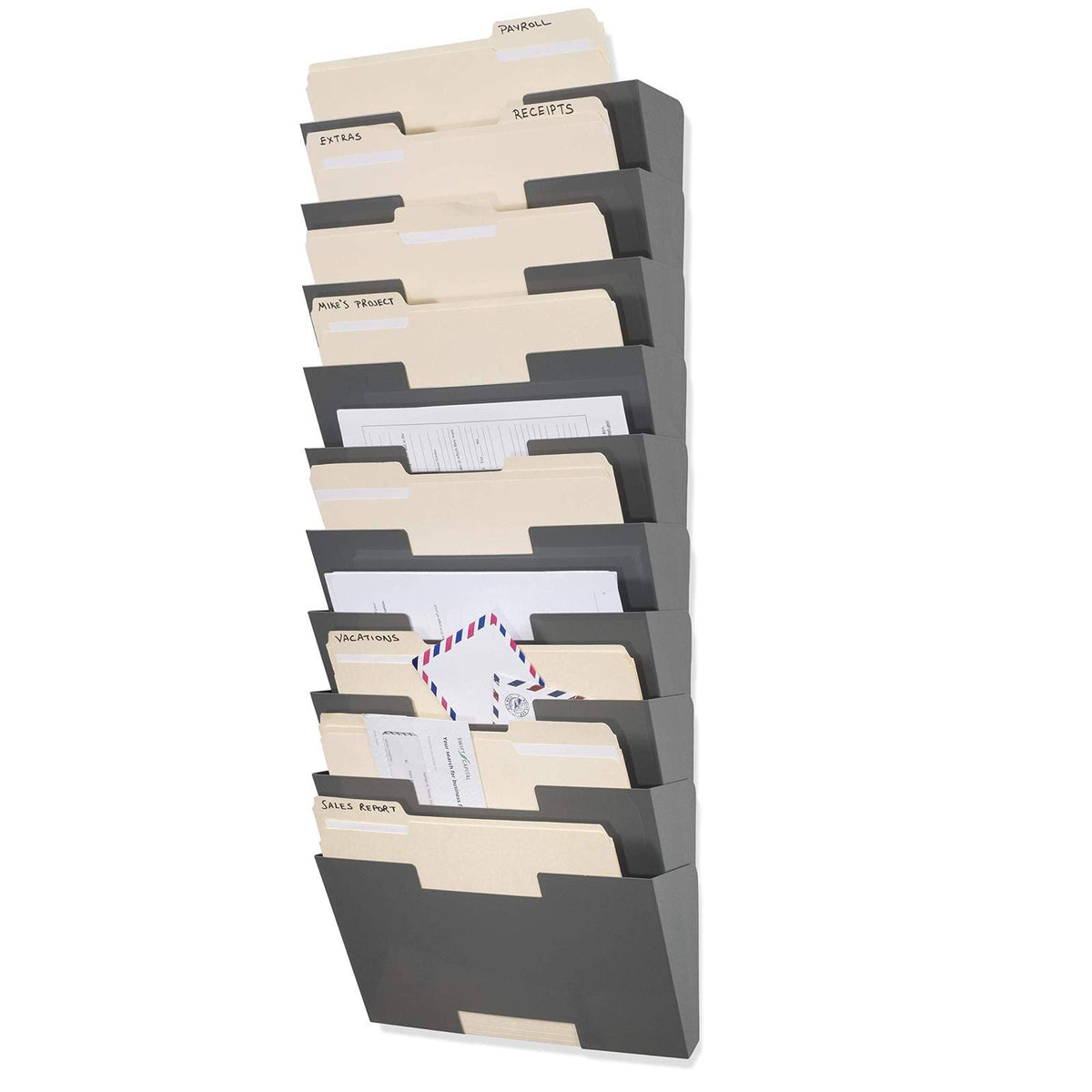 Gray Wall Mount Steel Vertical File Organizer 10 Sectional Modular A4349