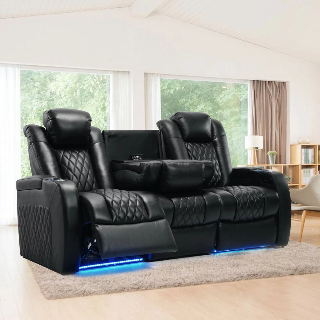 Top Grain Leather Recliner Chair Row of 3 Black S639