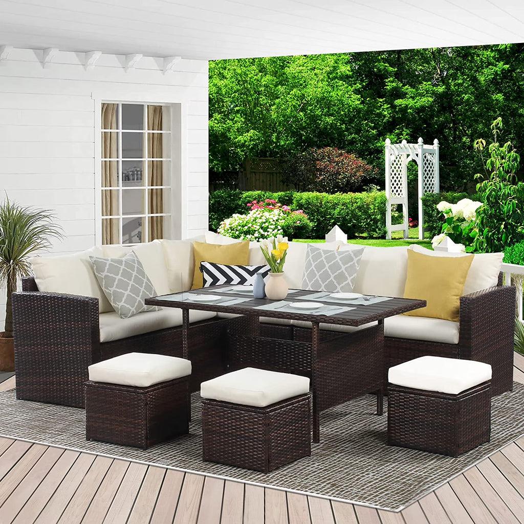 Ivory 7 Piece Outdoor Wicker Dining Sectional Sofa with Ottoman U905310