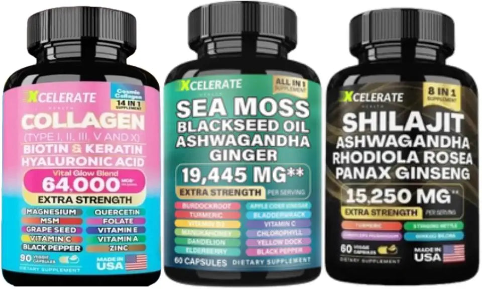 Collagen Peptides Types I, II, III, V & X Biotin Keratin Shilajit Ashwagandha Sea Moss Black Seed Oil 3 Bottle J115390