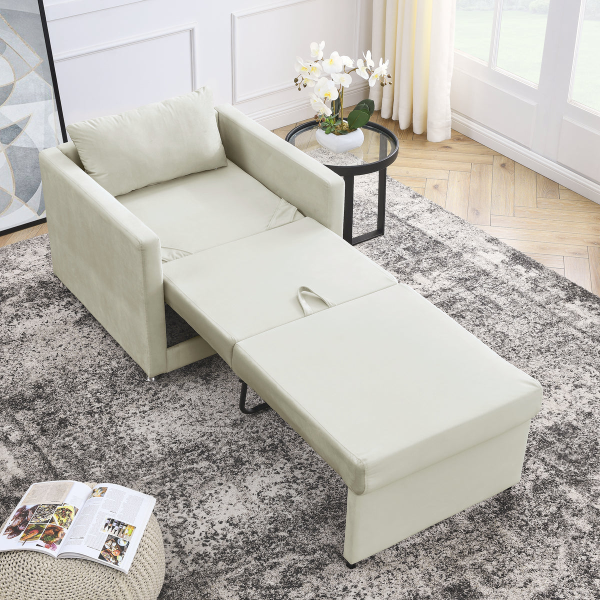 Beige Velvet Convertible Chair Bed B491