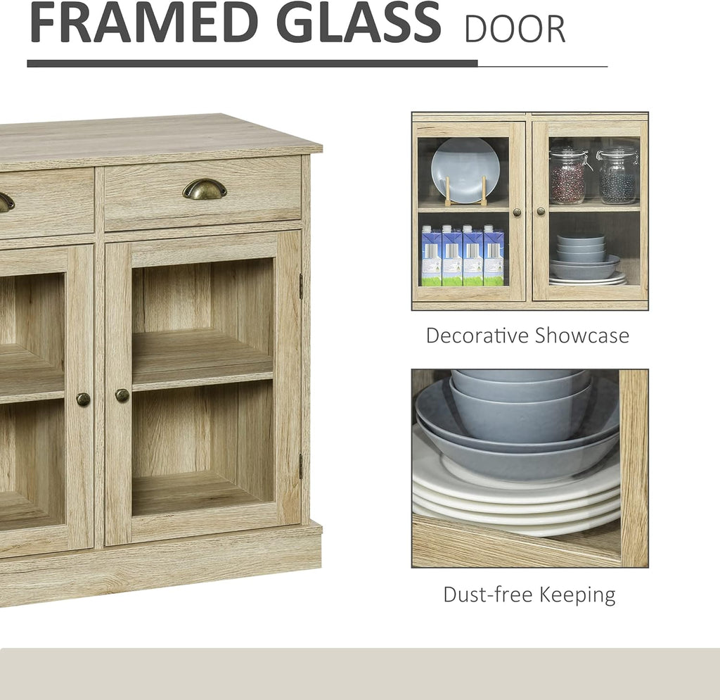 Rustic Oak Sideboard Storage Cabinet with 2 Glass Doors and 2 Drawers T737