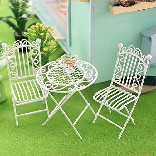 Miniature Bistro Table & Chairs Set Metal 1:12 Scale White Furniture Q27222