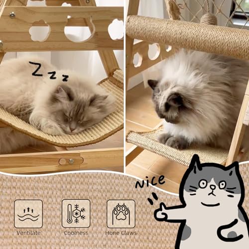 Cat Tower with Hammock Sisal Ball Solid Wood Cat Tree W8825