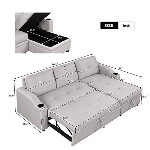 80.3" Linen Fabric 3 Seater Sofa Bed with Storage Chaise B9877