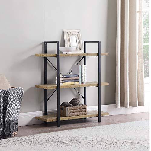 Rustic Oak 3 Shelves Wood & Metal Bookshelf J385534
