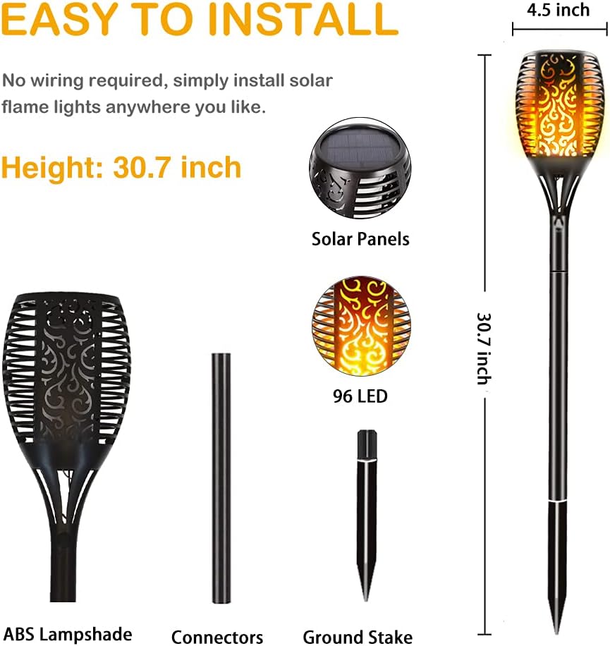 6 Pack Solar Outdoor Lights 96 LED Flickering Flames Waterproof T836