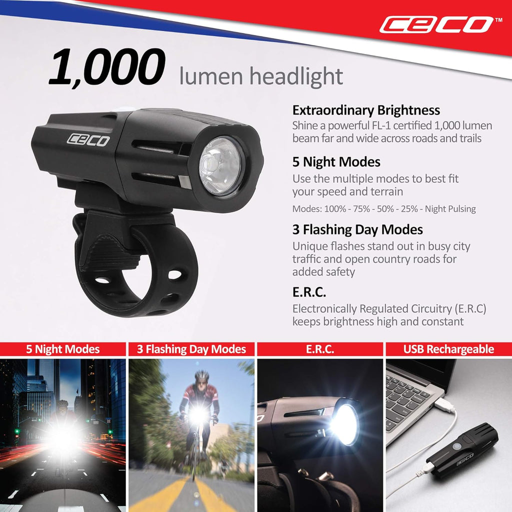 1,000 Lumen Headlight & 100 Lumen Tail Light Combo Pack, USB Rechargeable Bike Light Set, Pack of 2 Q9747