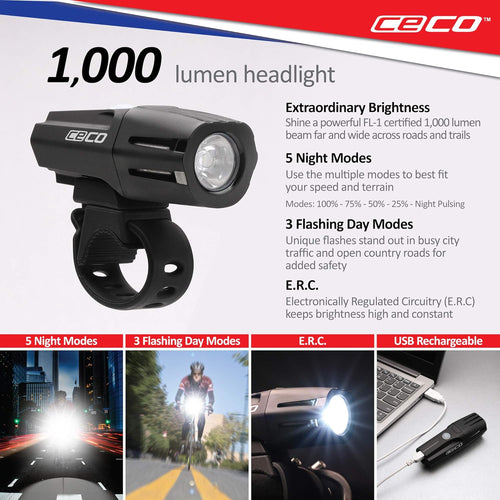 1,000 Lumen Headlight & 100 Lumen Tail Light Combo Pack, USB Rechargeable Bike Light Set, Pack of 2 Q9747