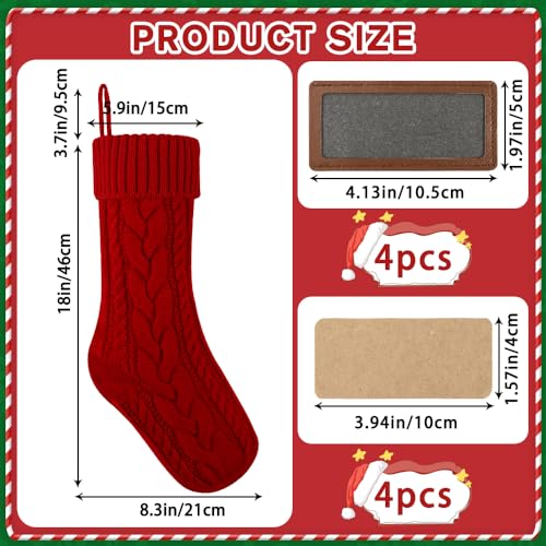 4 Pack 18 Inch Cable Knitted Christmas Stockings with Name Tags Red White O956