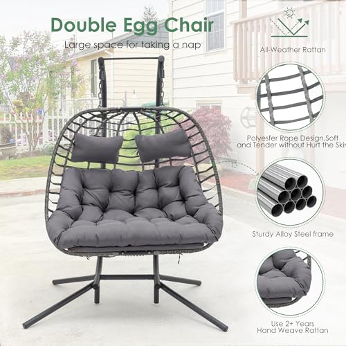 Double Egg Swing Chair with Stand, Hand Made Rattan Wicker, Metal Frame D7907