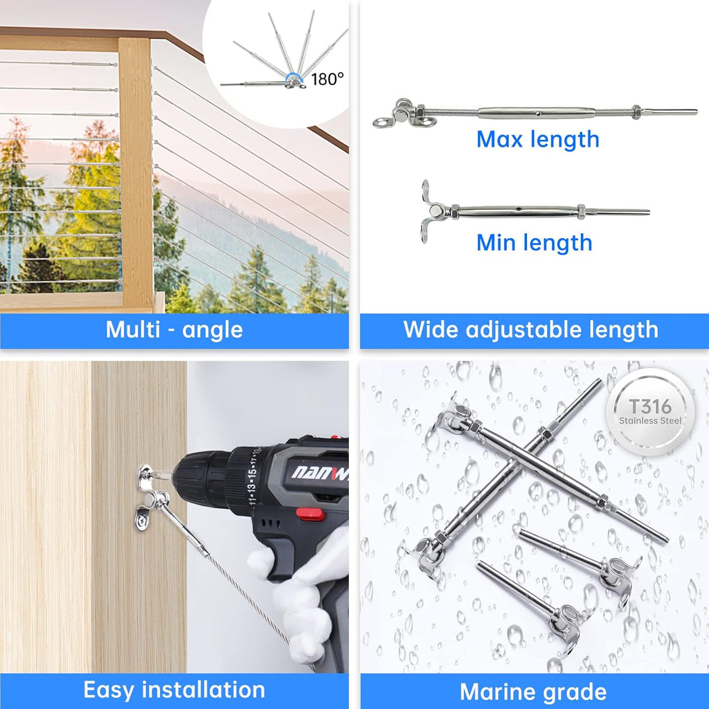 12Set Cable Railing Kit 1/8 T316 Stainless Steel Angle 180° Adjustable P9033