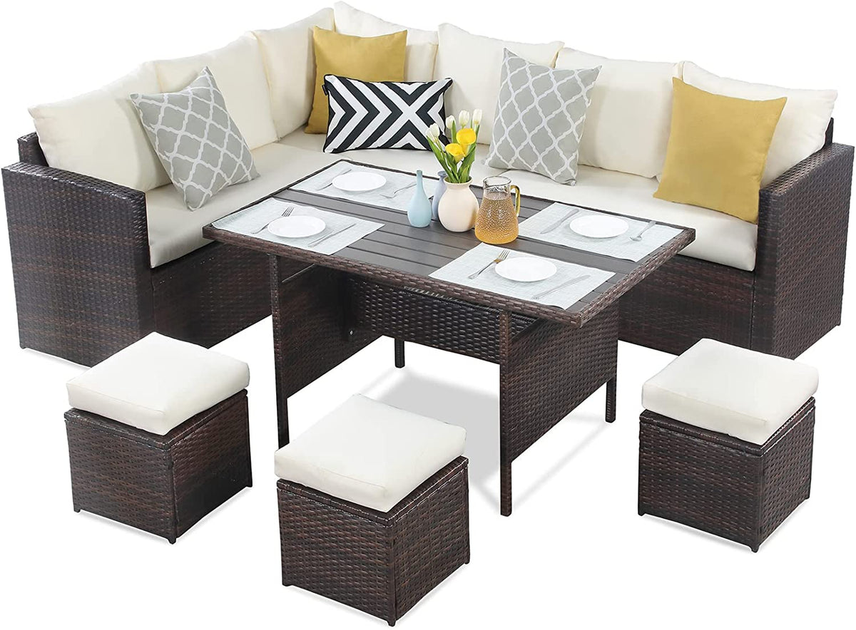 Ivory 7 Piece Outdoor Wicker Dining Sectional Sofa with Ottoman U905310