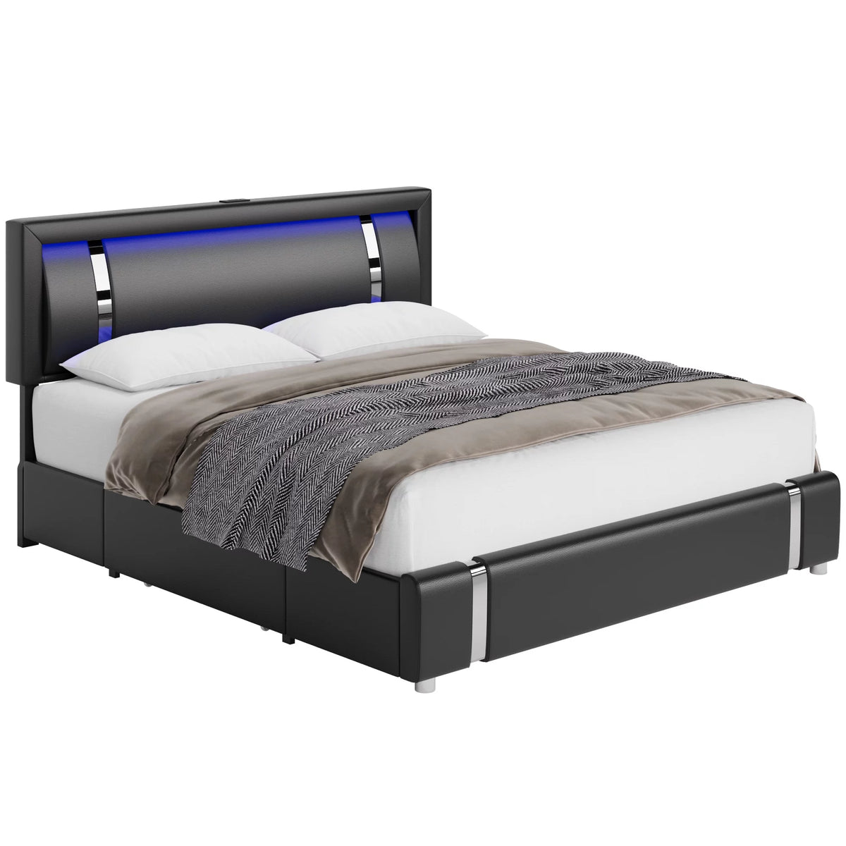 White Queen Size LED Bed Frame with 2 Storage Drawers F24069