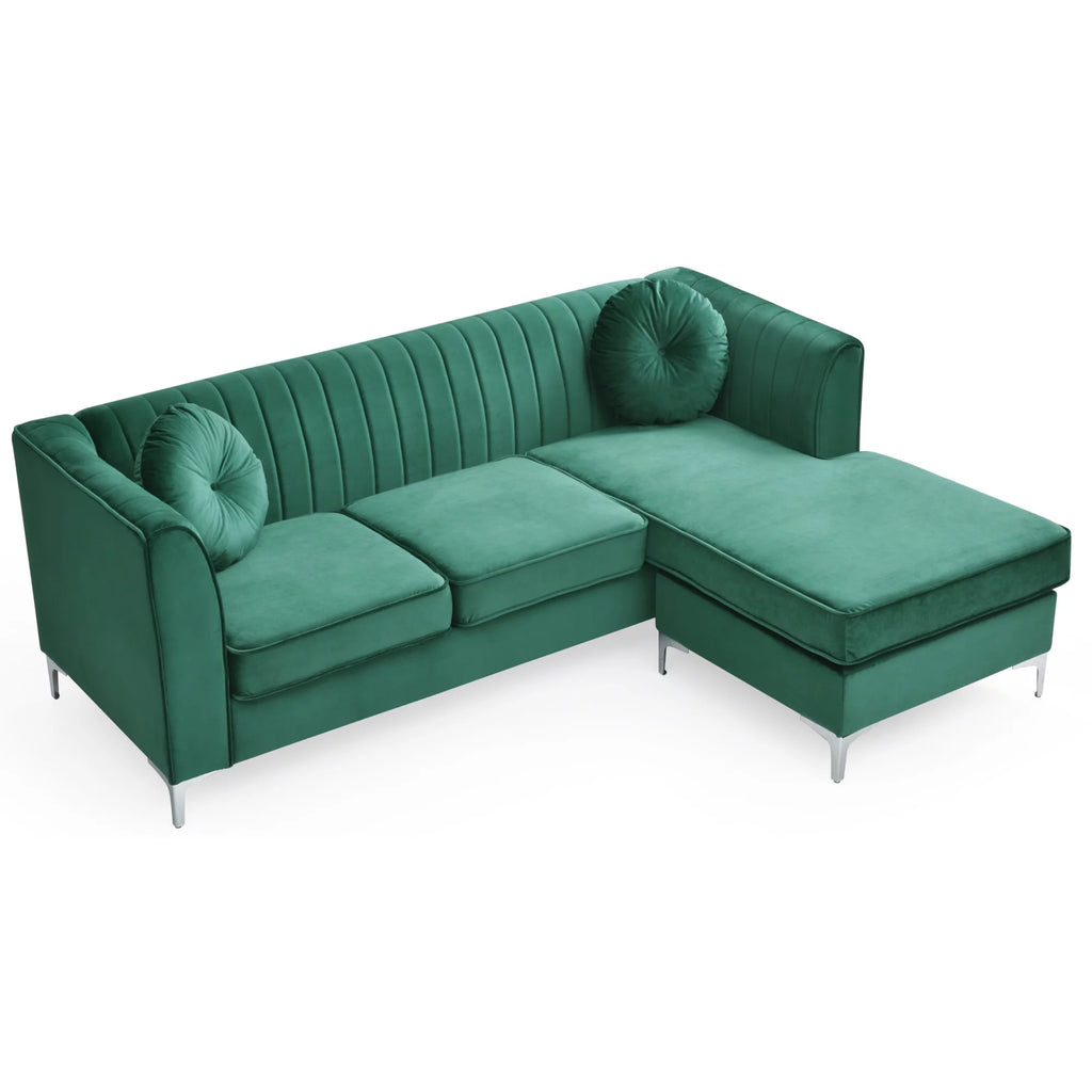 Green Velvet L-Shape 3-Seater Sectional Sofa with 2-Throw Pillow F43814