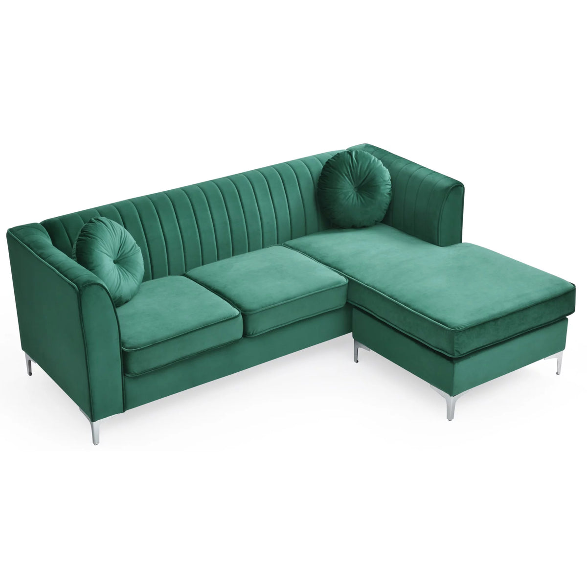 Green Velvet L-Shape 3-Seater Sectional Sofa with 2-Throw Pillow F43814
