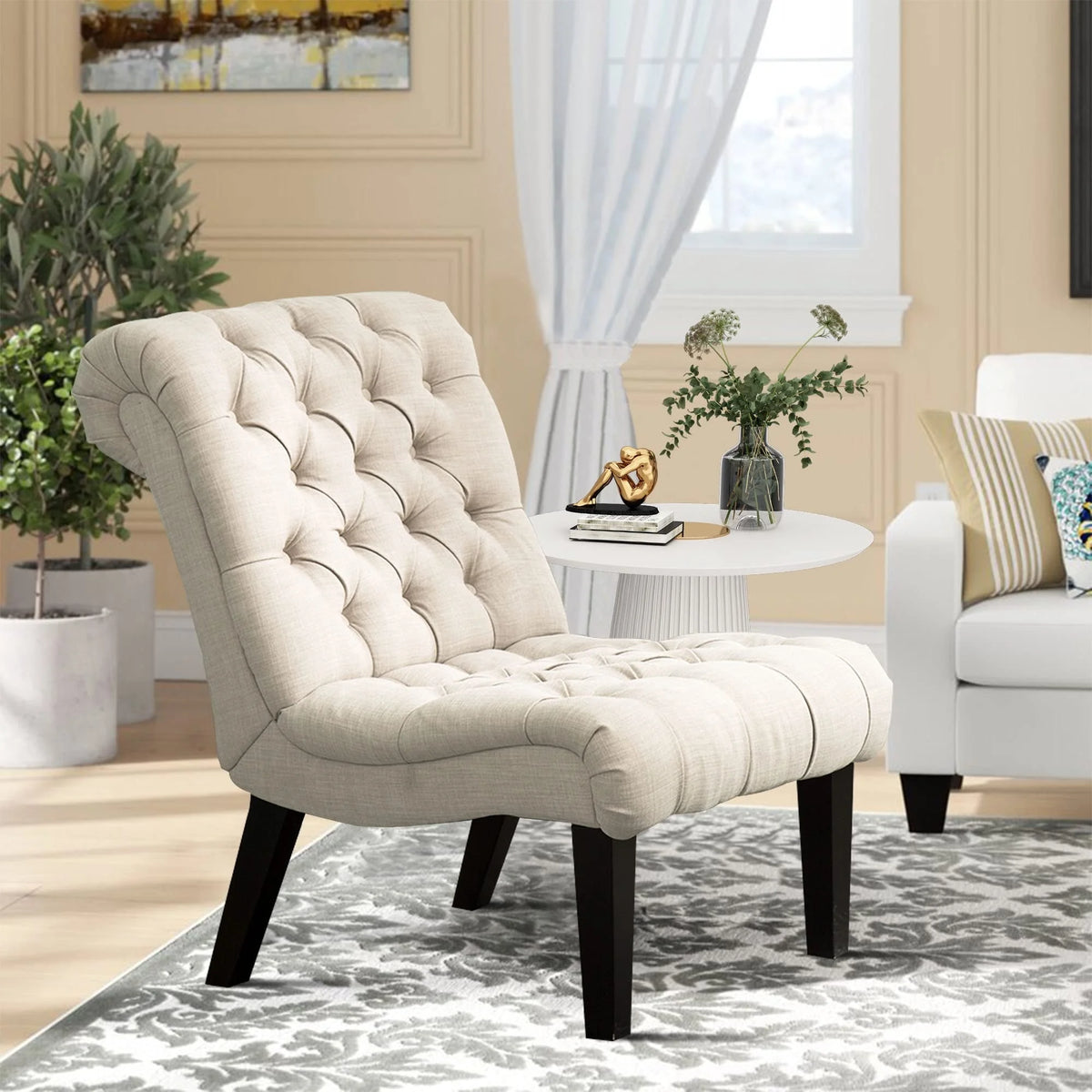 Cream Linen Tufted Accent Chair with Wood Legs G35948