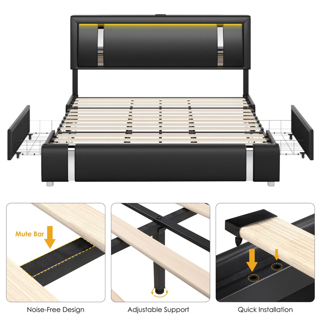 White Queen Size LED Bed Frame with 2 Storage Drawers F24069