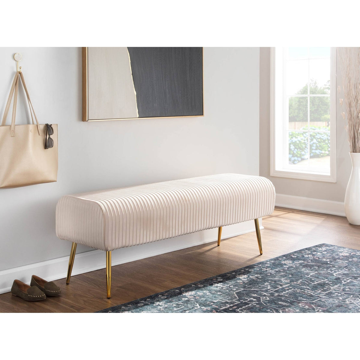Silver Velvet and Gold Steel Pleated Bench E804763