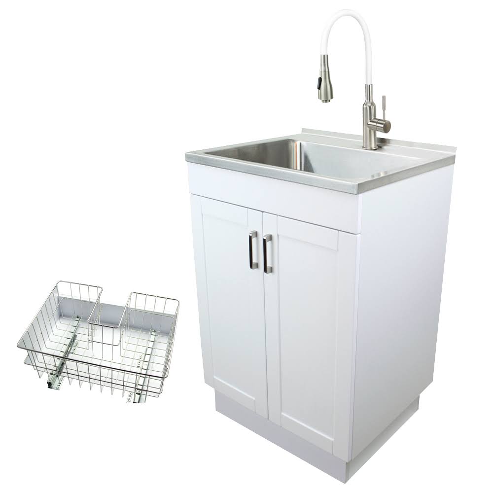 White 24-in Laundry Cabinet Sink with Stainless Steel Faucet and Basket E58064