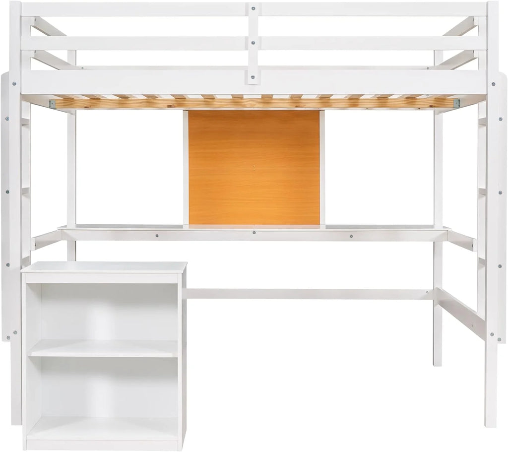 White Full Size Wood Loft Bed Frame with Desk and Storage Shelves Q57059