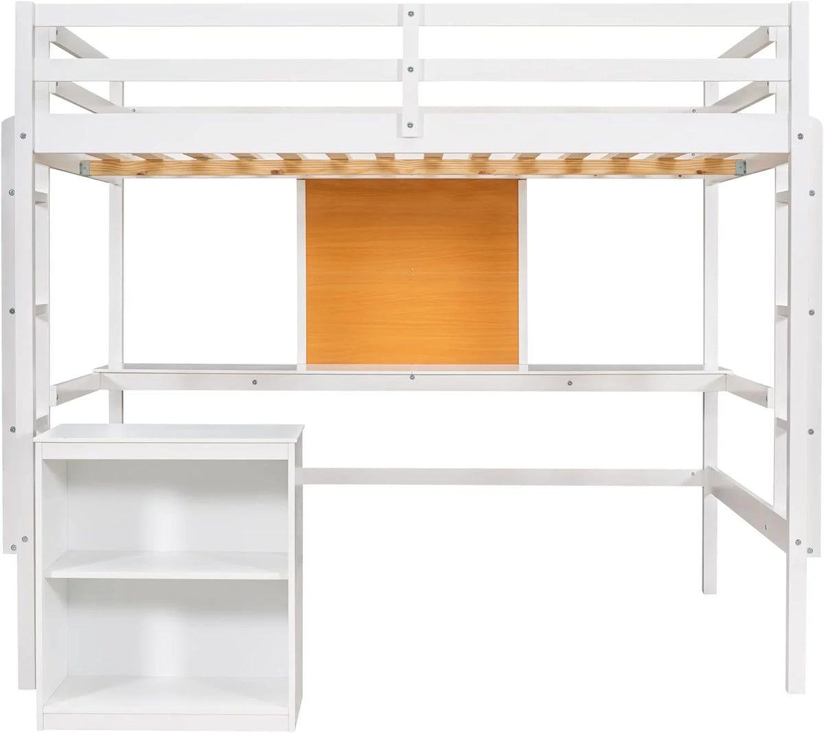 White Full Size Wood Loft Bed Frame with Desk and Storage Shelves Q57059
