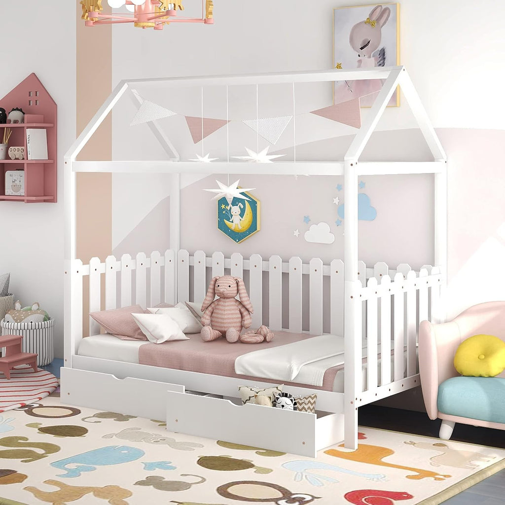 White Twin House Shape Wooden Floor Bed with Trundle O243352