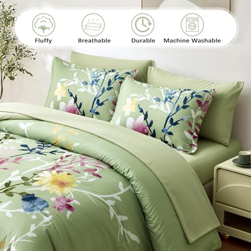 Sage Green King Floral Comforter Set with Sheets and Pillowcases R339