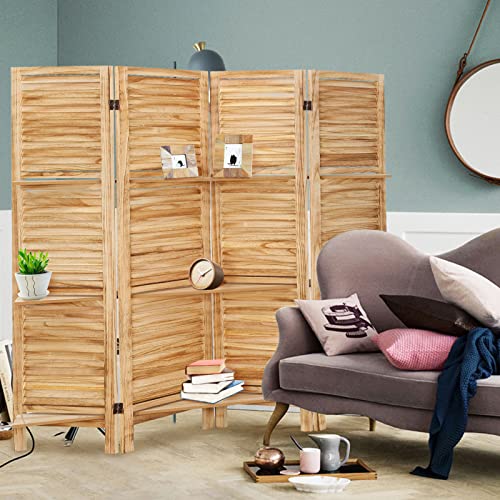 4 Panel Wooden Room Divider with Shelves (Deep Brown) T594300