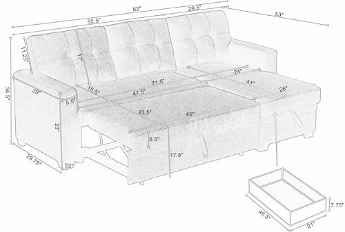 L Shaped Convertible Sleeper Sectional Sofa with Storage Chaise and Pull-Out Bed Y652