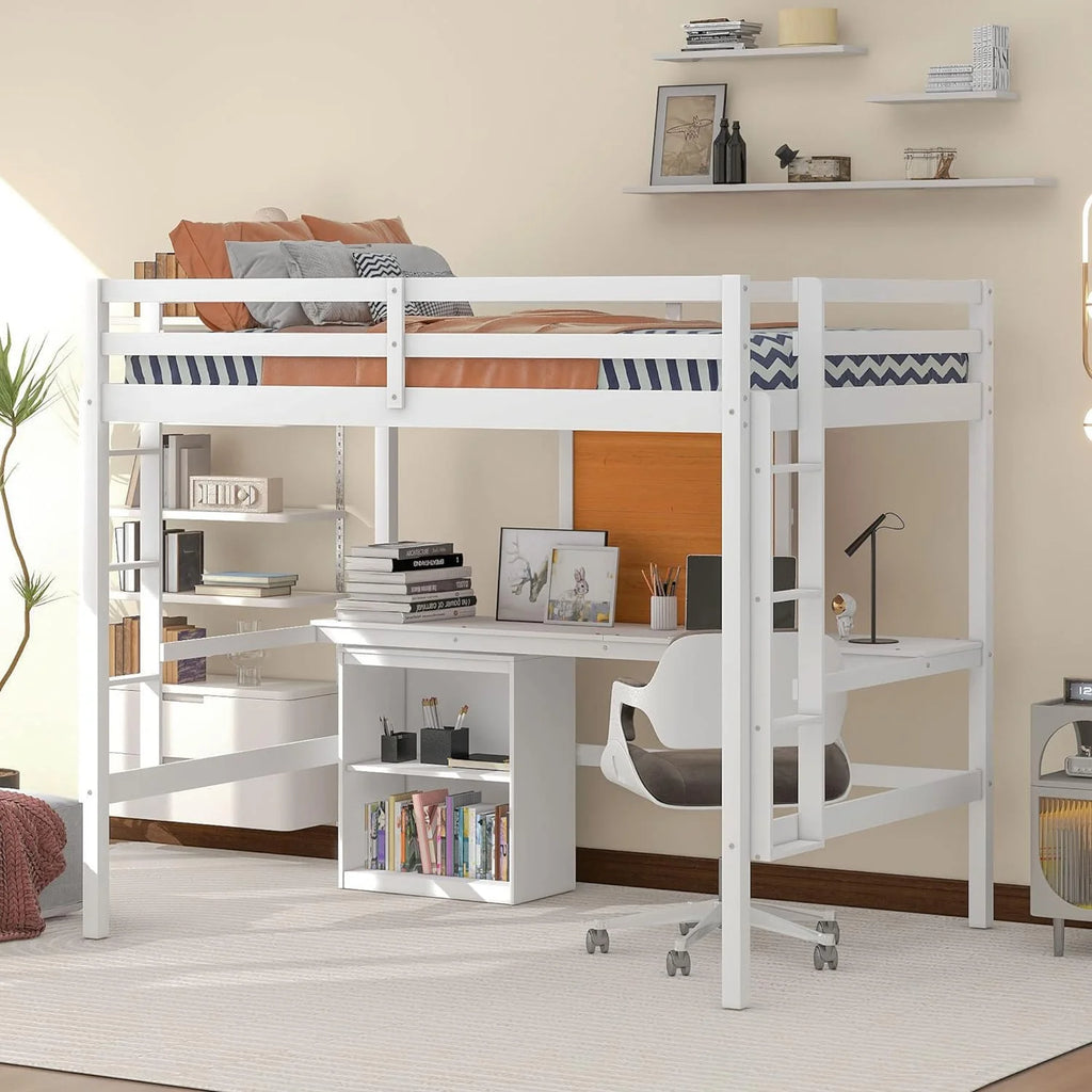 White Full Size Wood Loft Bed Frame with Desk and Storage Shelves Q57059