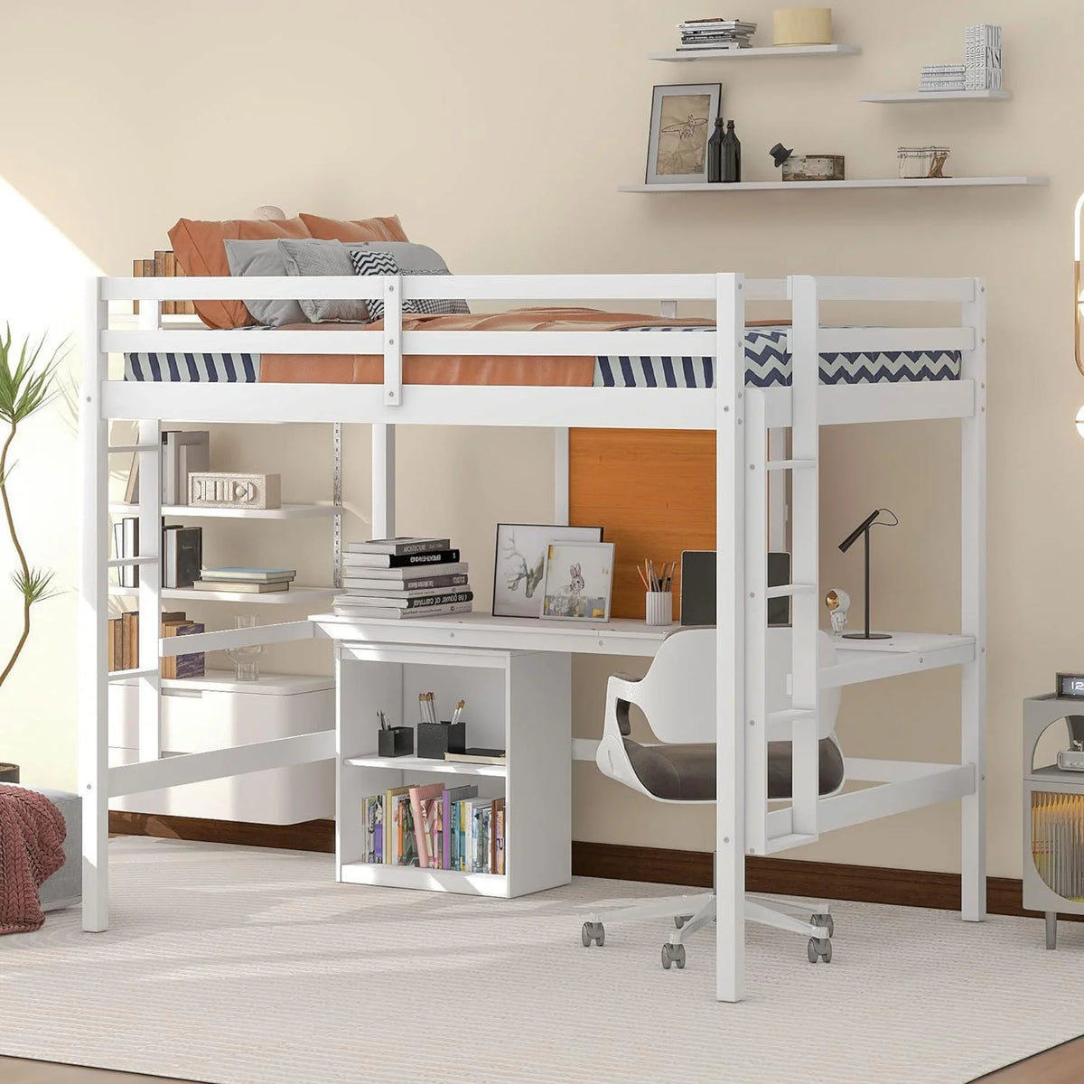 White Full Size Wood Loft Bed Frame with Desk and Storage Shelves Q57059