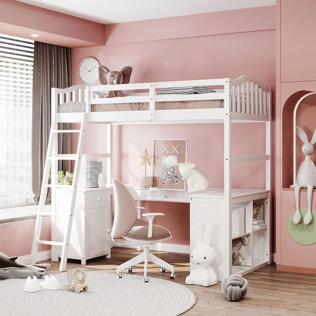 Twin Size Solid Wood Loft Bed with Desk and Storage Shelves J84524