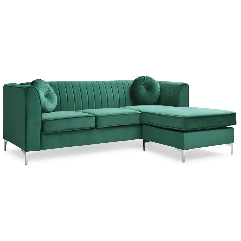 Green Velvet L-Shape 3-Seater Sectional Sofa with 2-Throw Pillow F43814