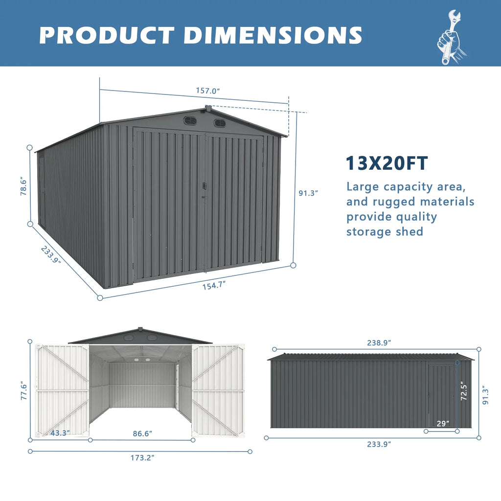 20x13 ft Metal Garage Shed with 2 Doors and 4 Vents T938151